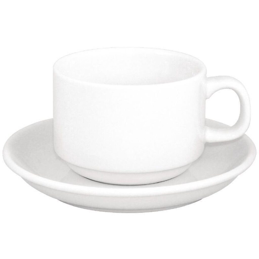 Set van 25 koffiekopjes met schotels en lepels te huur, ideaal voor koffie- of theebuffetten
