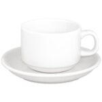Set van 25 koffiekopjes met schotels en lepels te huur, ideaal voor koffie- of theebuffetten